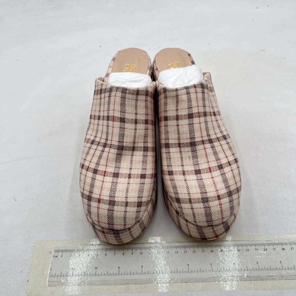 Pazzion Khaki Plaid Platform Rounded Toe Mules Clogs Slip On Chunky Heel Slipper - Picture 3 of 8